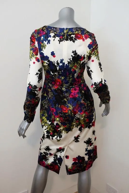 Erdem Dress Ivory/Multi Floral Print Silk Satin Size 6 Long Sleeve Sheath