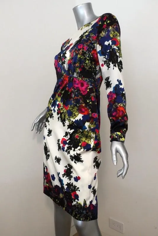 Erdem Dress Ivory/Multi Floral Print Silk Satin Size 6 Long Sleeve Sheath