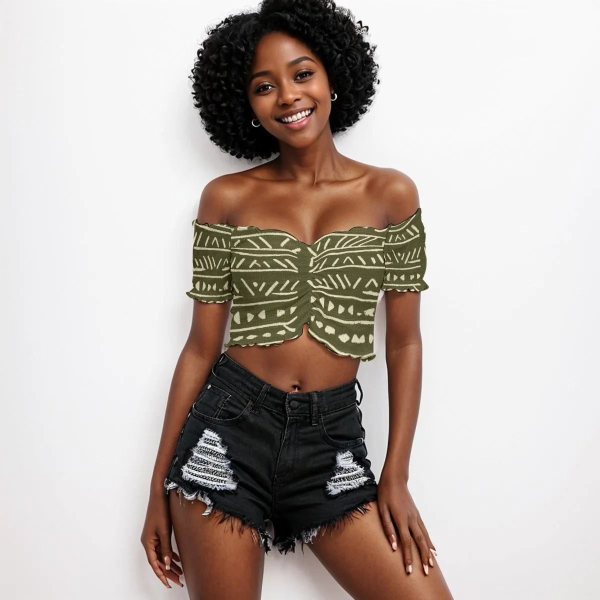 Ethnic African All-Over Print Women's One-shoulder Off-the-navel Short Sleeve T-shirt