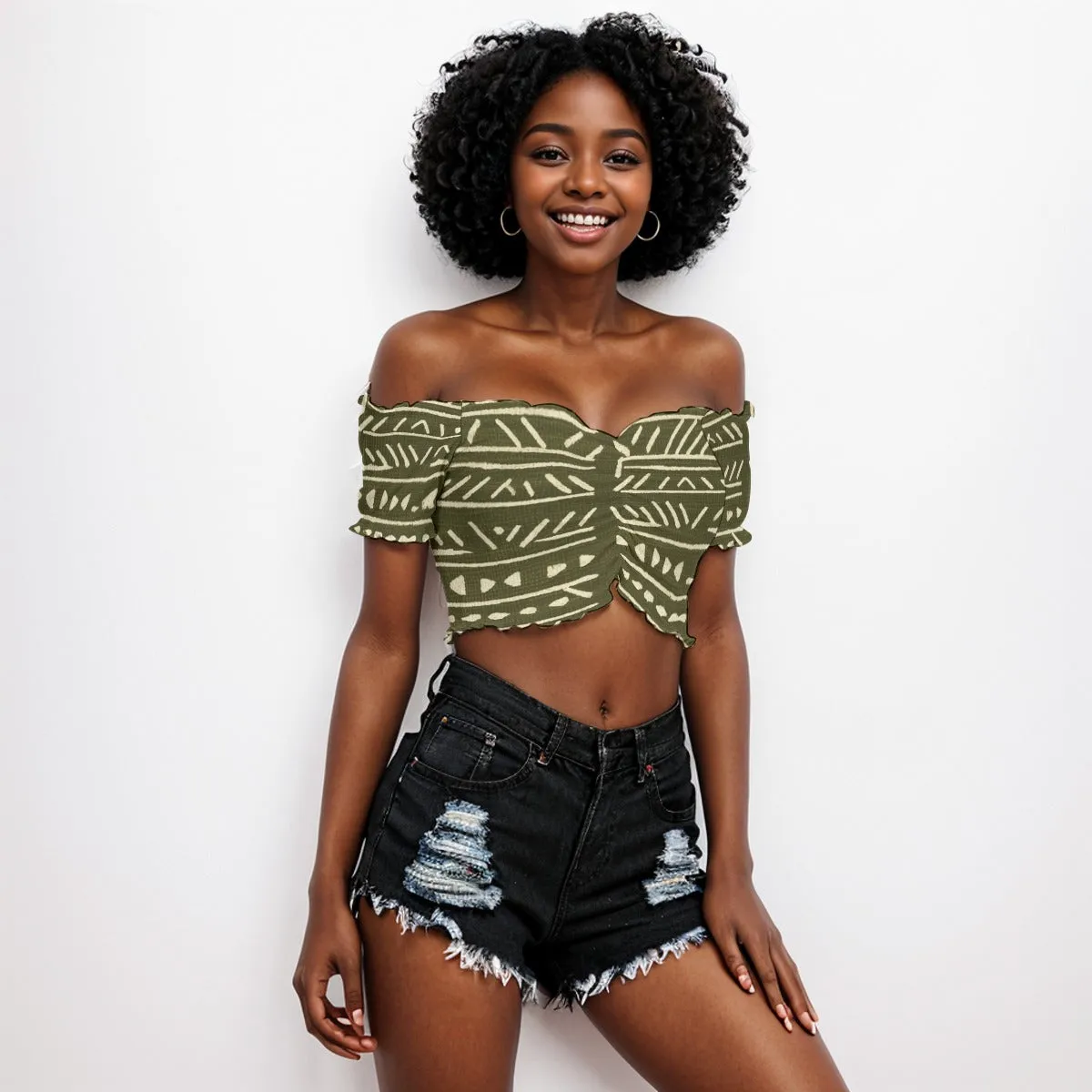 Ethnic African All-Over Print Women's One-shoulder Off-the-navel Short Sleeve T-shirt