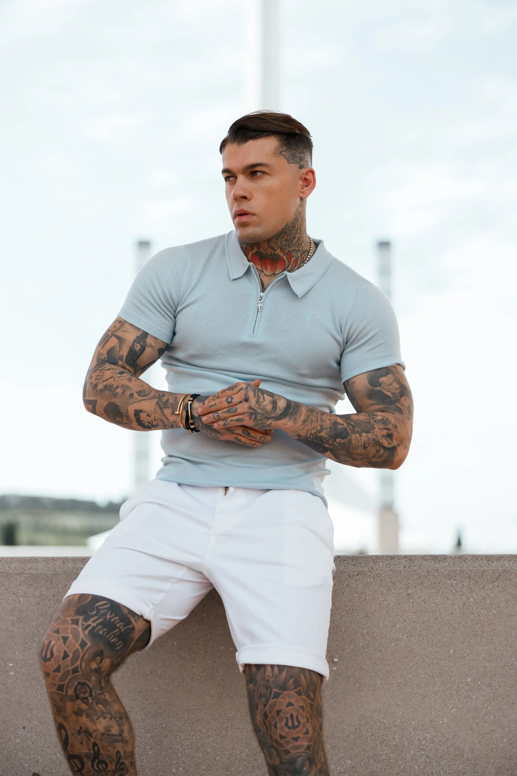 Father Sons Classic Powder Blue Merino Wool Knitted Zip Polo Short Sleeve Jumper With FS Embroidery- FSN031