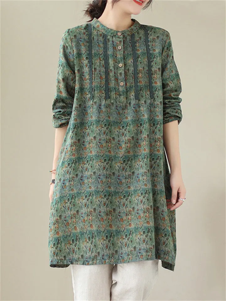 Female Ethnic Print Round Neck Long Sleeve Linen Shirt