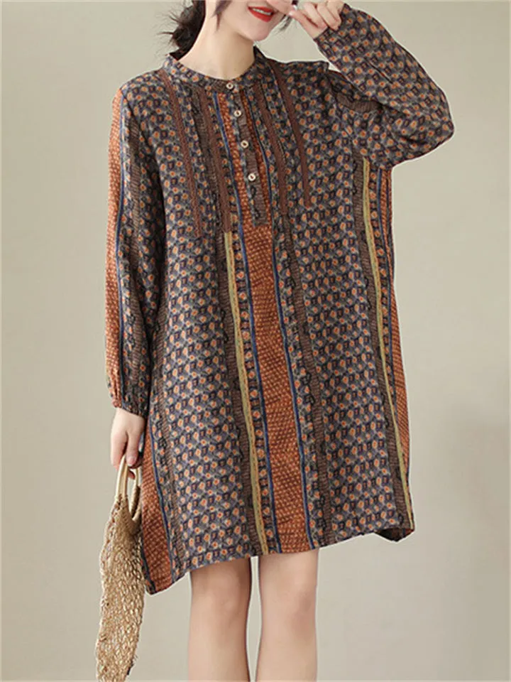 Female Ethnic Print Round Neck Long Sleeve Linen Shirt