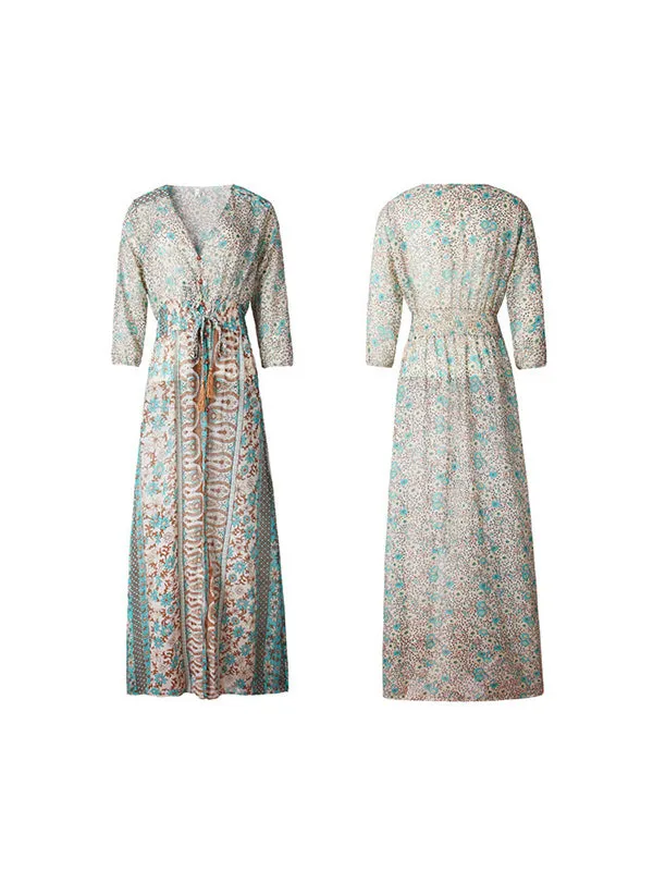 Fringed Chiffon Printed Long Dress