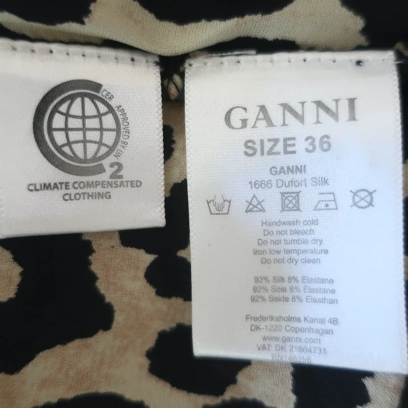 Ganni Dufort Midi Wrap Dress Leopard Print Stretch Silk Satin Size 36