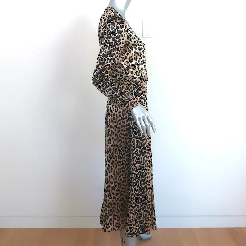 Ganni Dufort Midi Wrap Dress Leopard Print Stretch Silk Satin Size 36