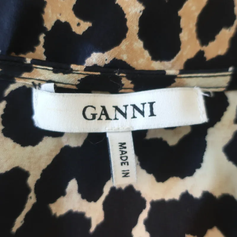 Ganni Dufort Midi Wrap Dress Leopard Print Stretch Silk Satin Size 36
