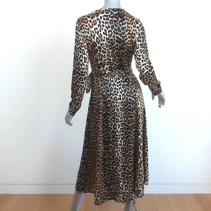 Ganni Dufort Midi Wrap Dress Leopard Print Stretch Silk Satin Size 36