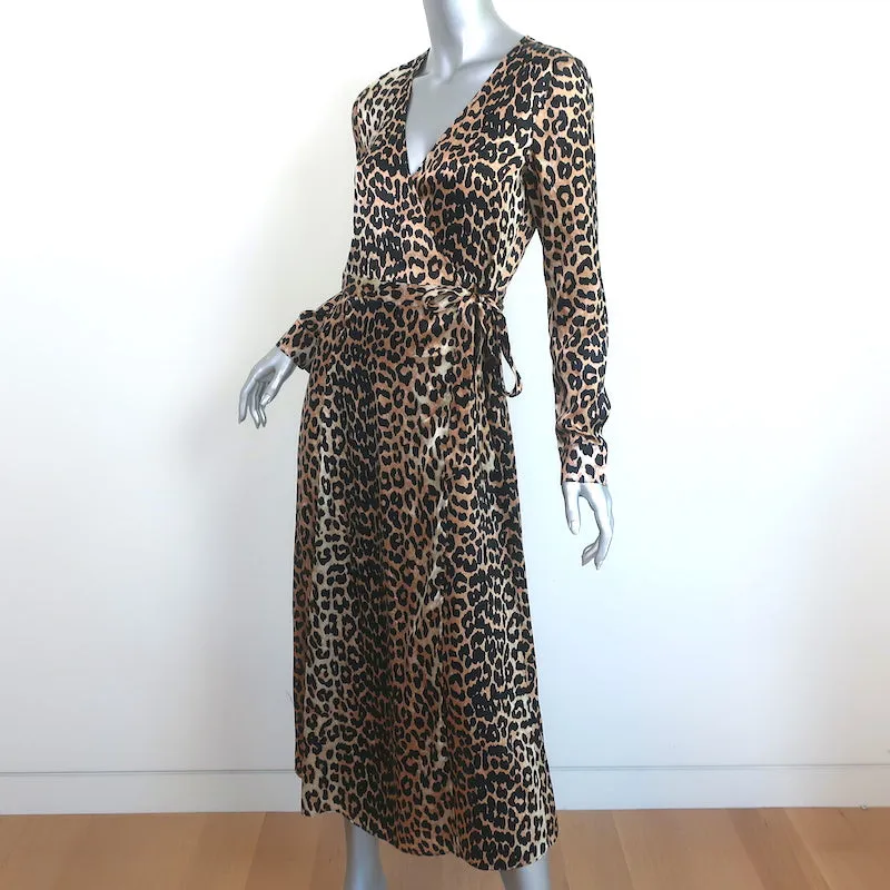 Ganni Dufort Midi Wrap Dress Leopard Print Stretch Silk Satin Size 36