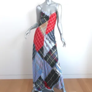 GANNI Patchwork Slip Dress Multicolor Check Print Stretch Satin Size Small