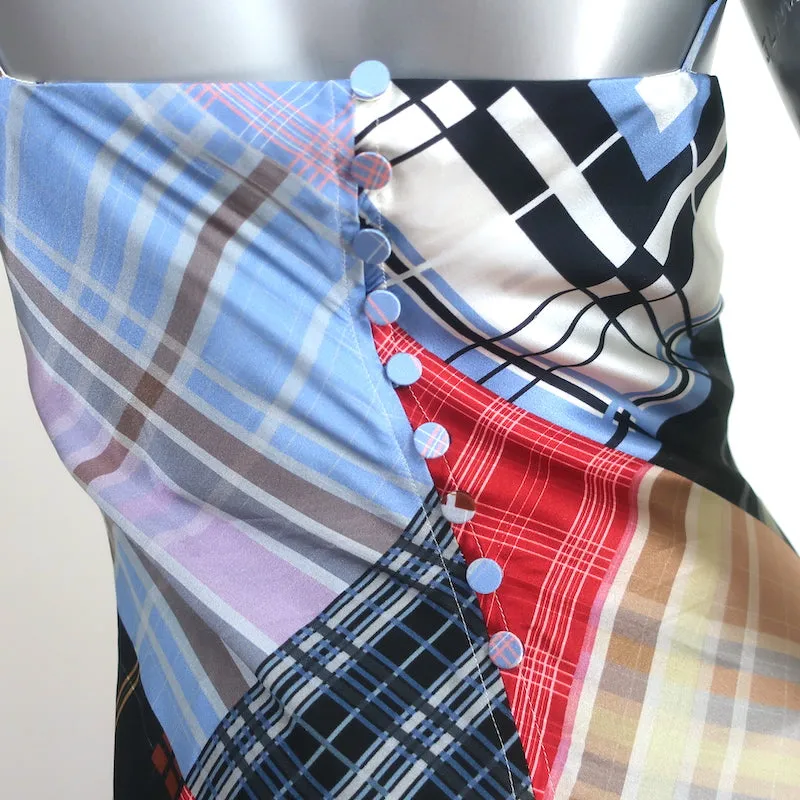 GANNI Patchwork Slip Dress Multicolor Check Print Stretch Satin Size Small