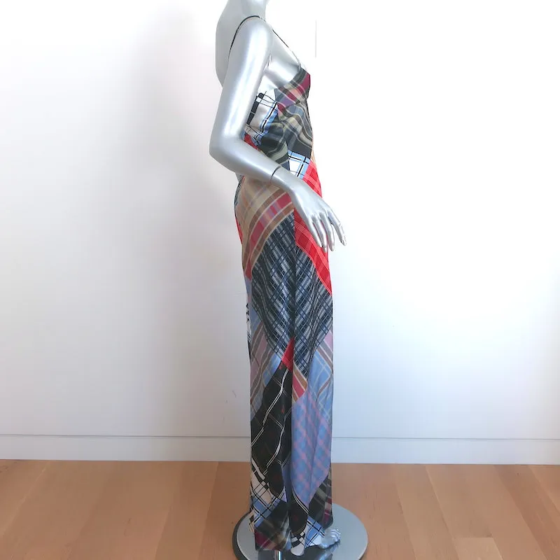 GANNI Patchwork Slip Dress Multicolor Check Print Stretch Satin Size Small