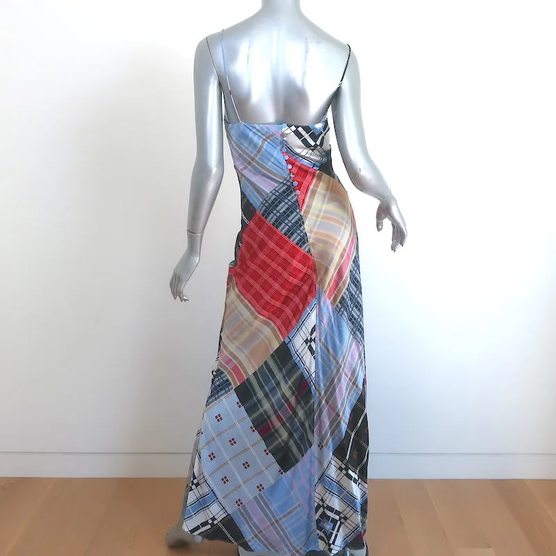 GANNI Patchwork Slip Dress Multicolor Check Print Stretch Satin Size Small