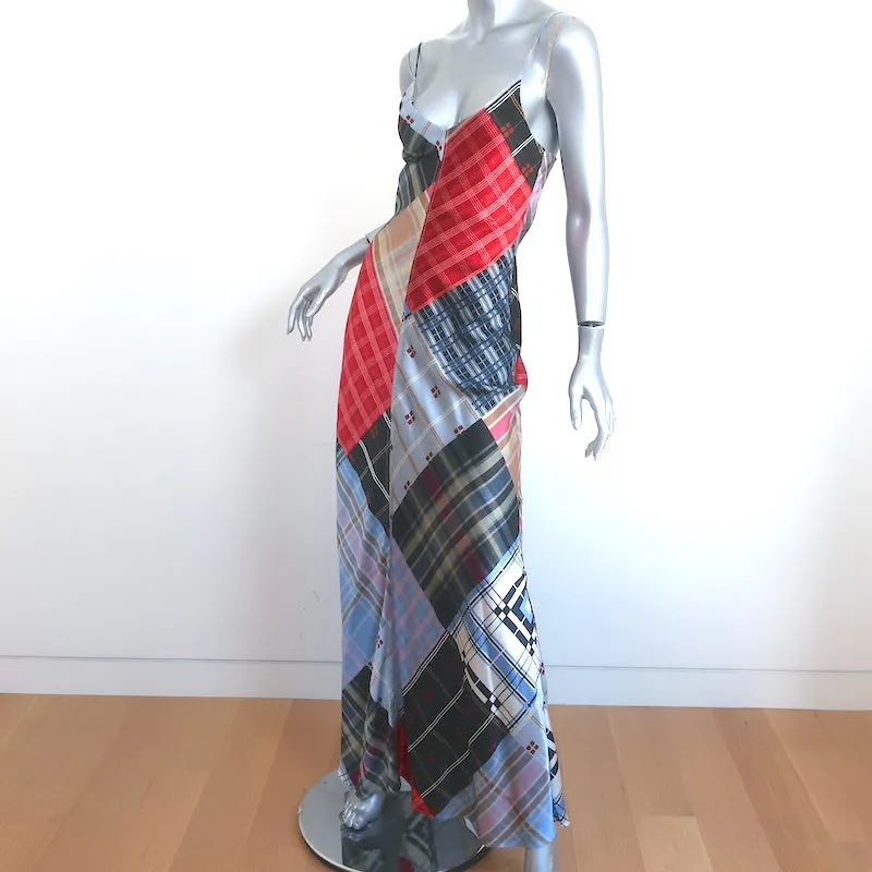 GANNI Patchwork Slip Dress Multicolor Check Print Stretch Satin Size Small