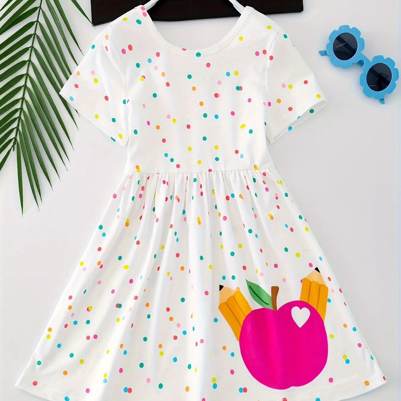 Girls Adorable Fruit Graphic A-line Dress - Short Sleeve, Loose & Comfy for School Days - Lightweight, Breathable Design with Vibrant Prints