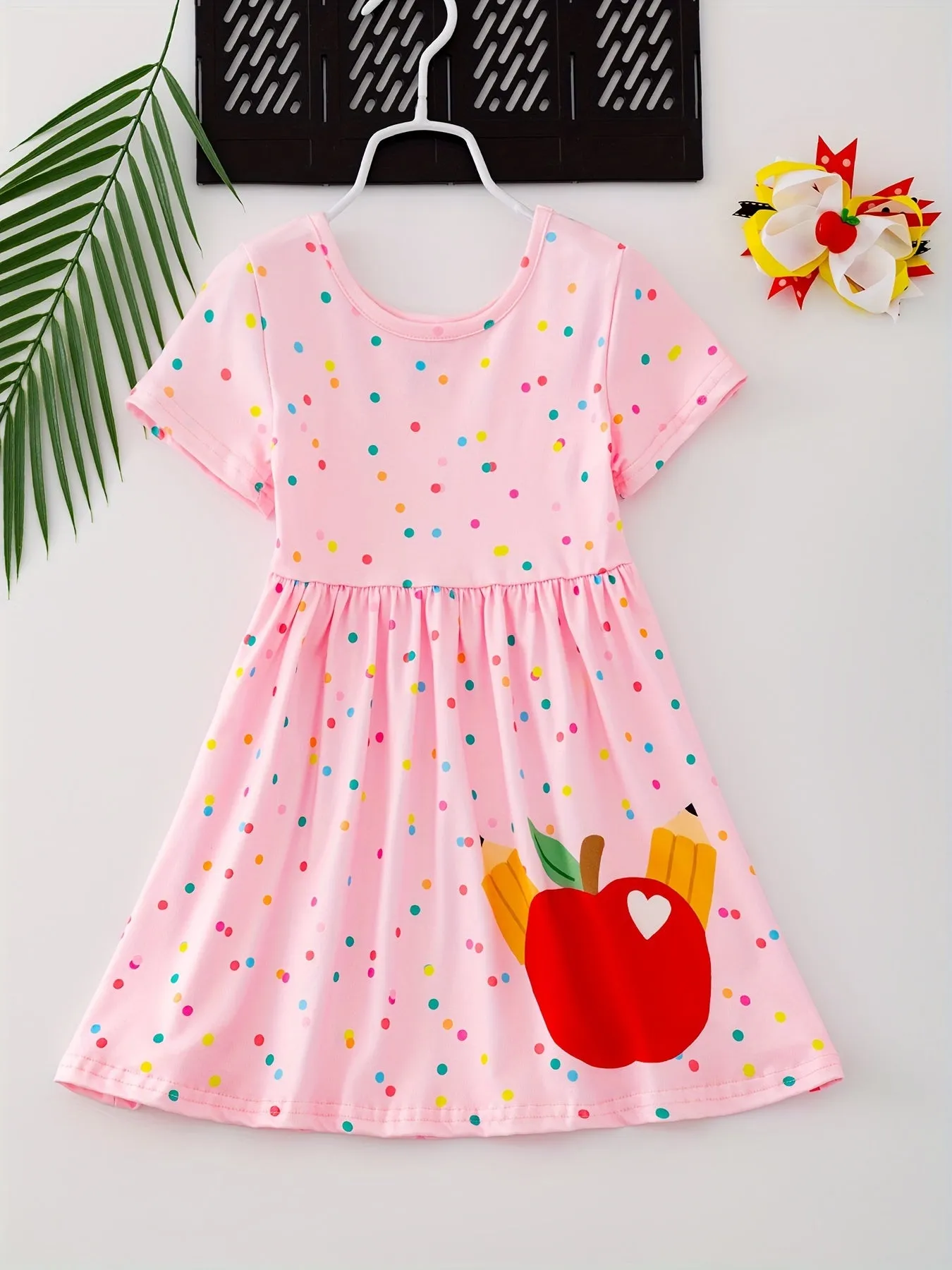 Girls Adorable Fruit Graphic A-line Dress - Short Sleeve, Loose & Comfy for School Days - Lightweight, Breathable Design with Vibrant Prints