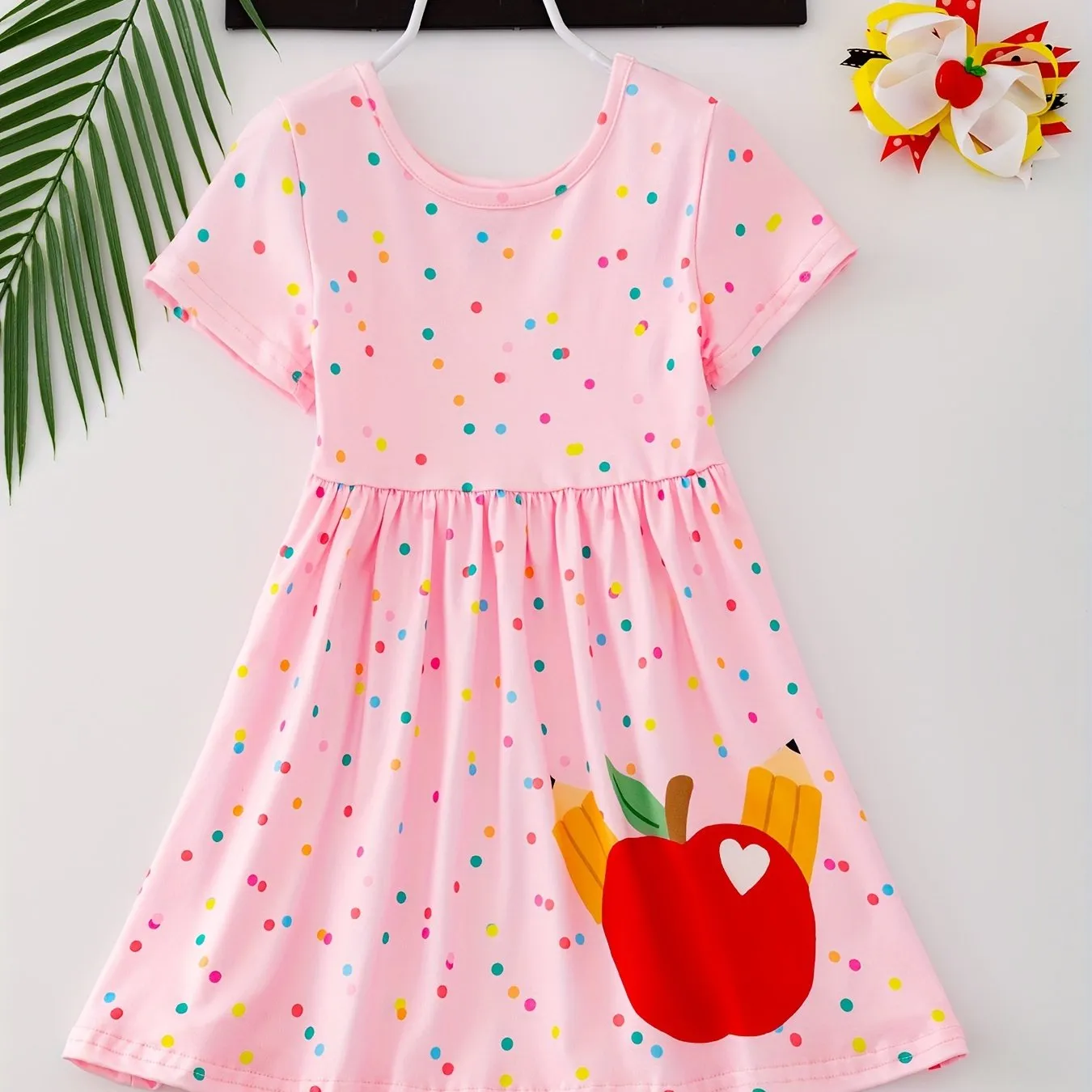 Girls Adorable Fruit Graphic A-line Dress - Short Sleeve, Loose & Comfy for School Days - Lightweight, Breathable Design with Vibrant Prints