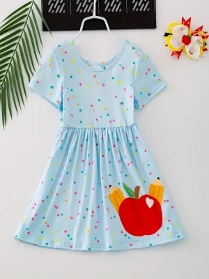 Girls Adorable Fruit Graphic A-line Dress - Short Sleeve, Loose & Comfy for School Days - Lightweight, Breathable Design with Vibrant Prints