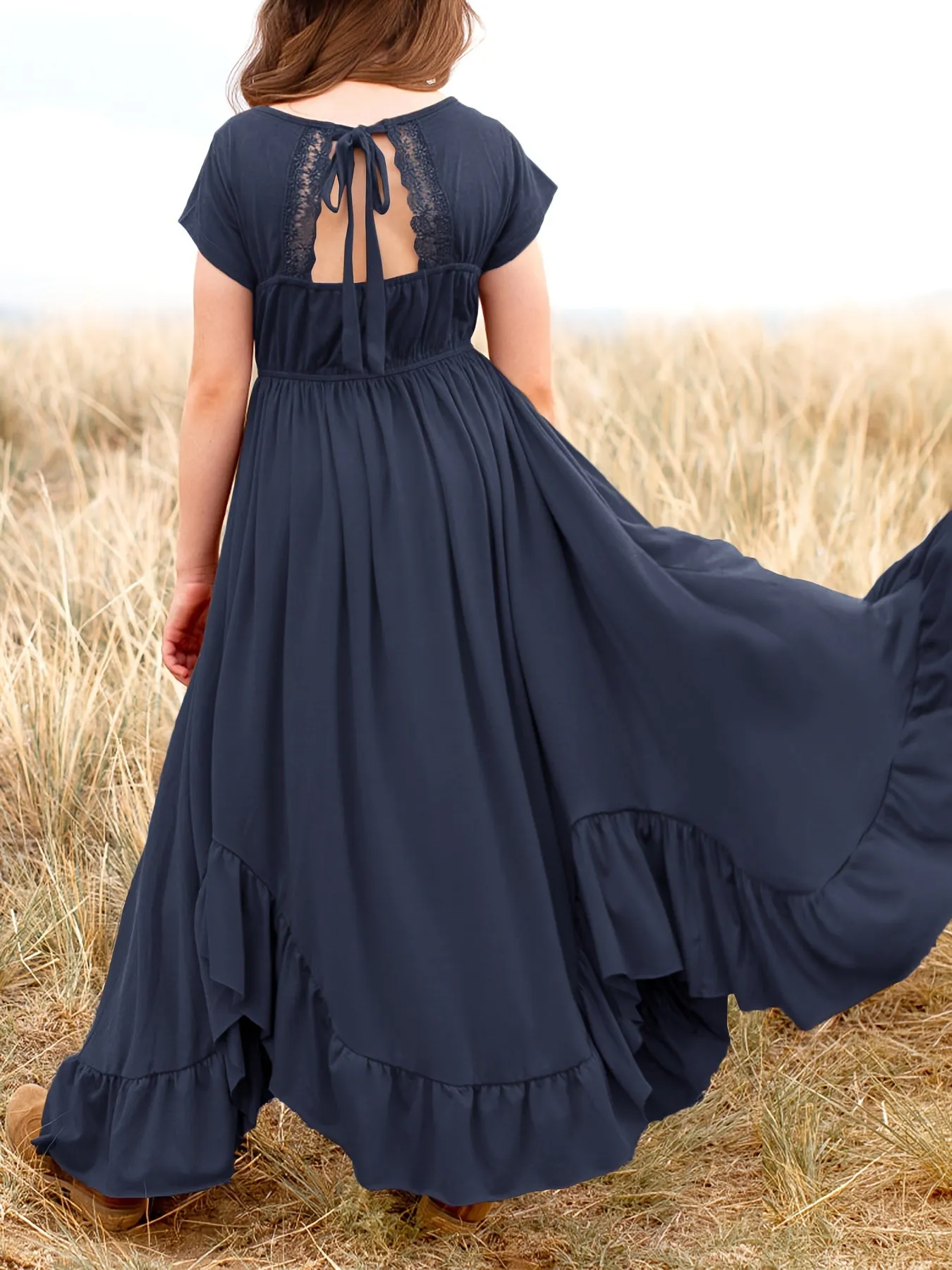 Girls Long Length Boho Asymmetrical Floral Lace Backless Maxi Dress with Pockets - Crew Neck, Short Sleeve, Skinny Fit, Medium Stretch Polyester Fabric - Perfect for Spring, Summer, and Fall Holidays