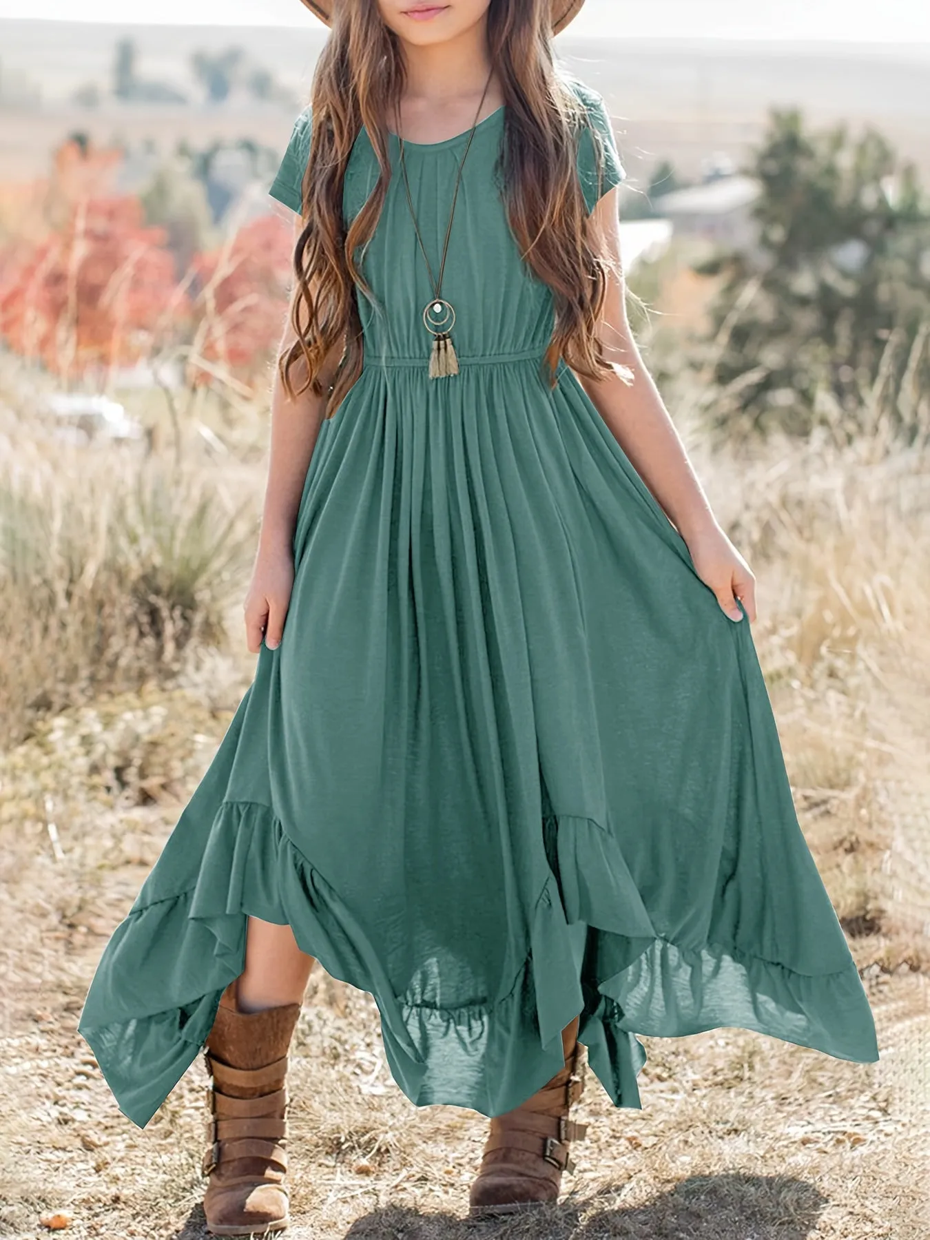 Girls Long Length Boho Asymmetrical Floral Lace Backless Maxi Dress with Pockets - Crew Neck, Short Sleeve, Skinny Fit, Medium Stretch Polyester Fabric - Perfect for Spring, Summer, and Fall Holidays