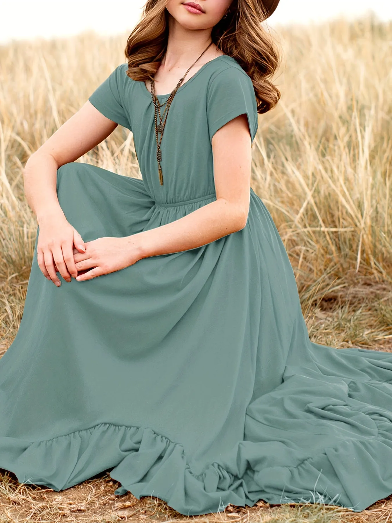 Girls Long Length Boho Asymmetrical Floral Lace Backless Maxi Dress with Pockets - Crew Neck, Short Sleeve, Skinny Fit, Medium Stretch Polyester Fabric - Perfect for Spring, Summer, and Fall Holidays