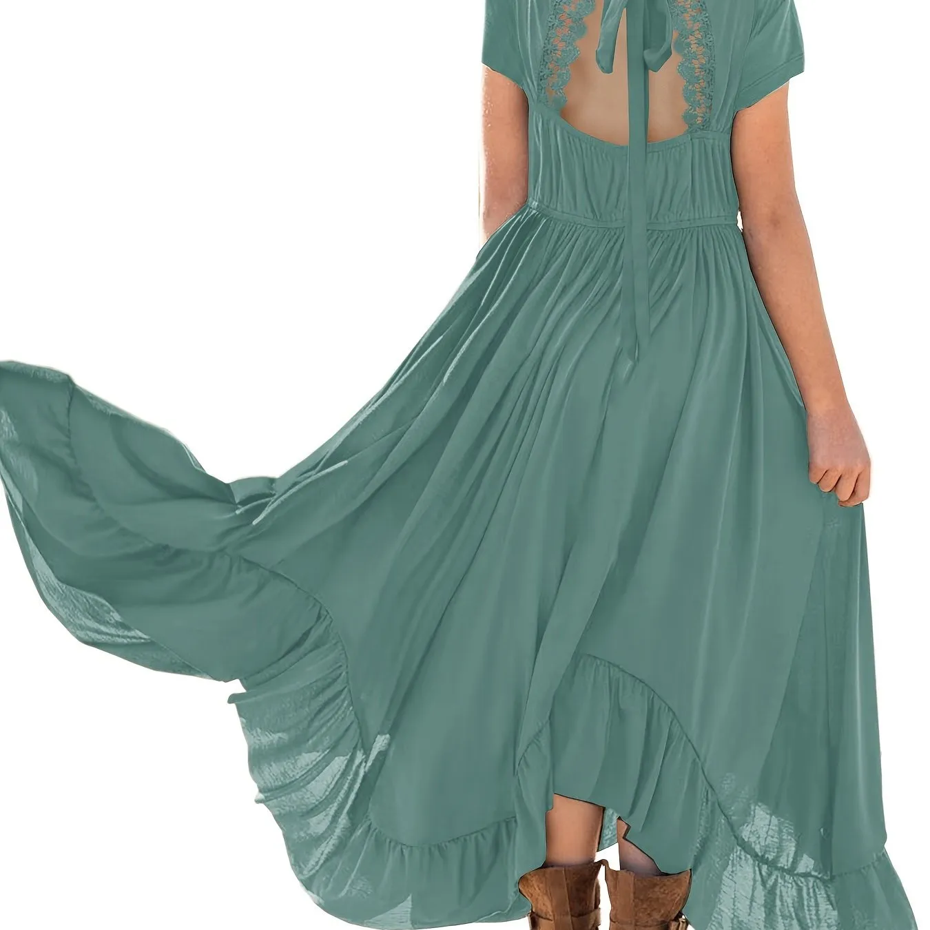 Girls Long Length Boho Asymmetrical Floral Lace Backless Maxi Dress with Pockets - Crew Neck, Short Sleeve, Skinny Fit, Medium Stretch Polyester Fabric - Perfect for Spring, Summer, and Fall Holidays