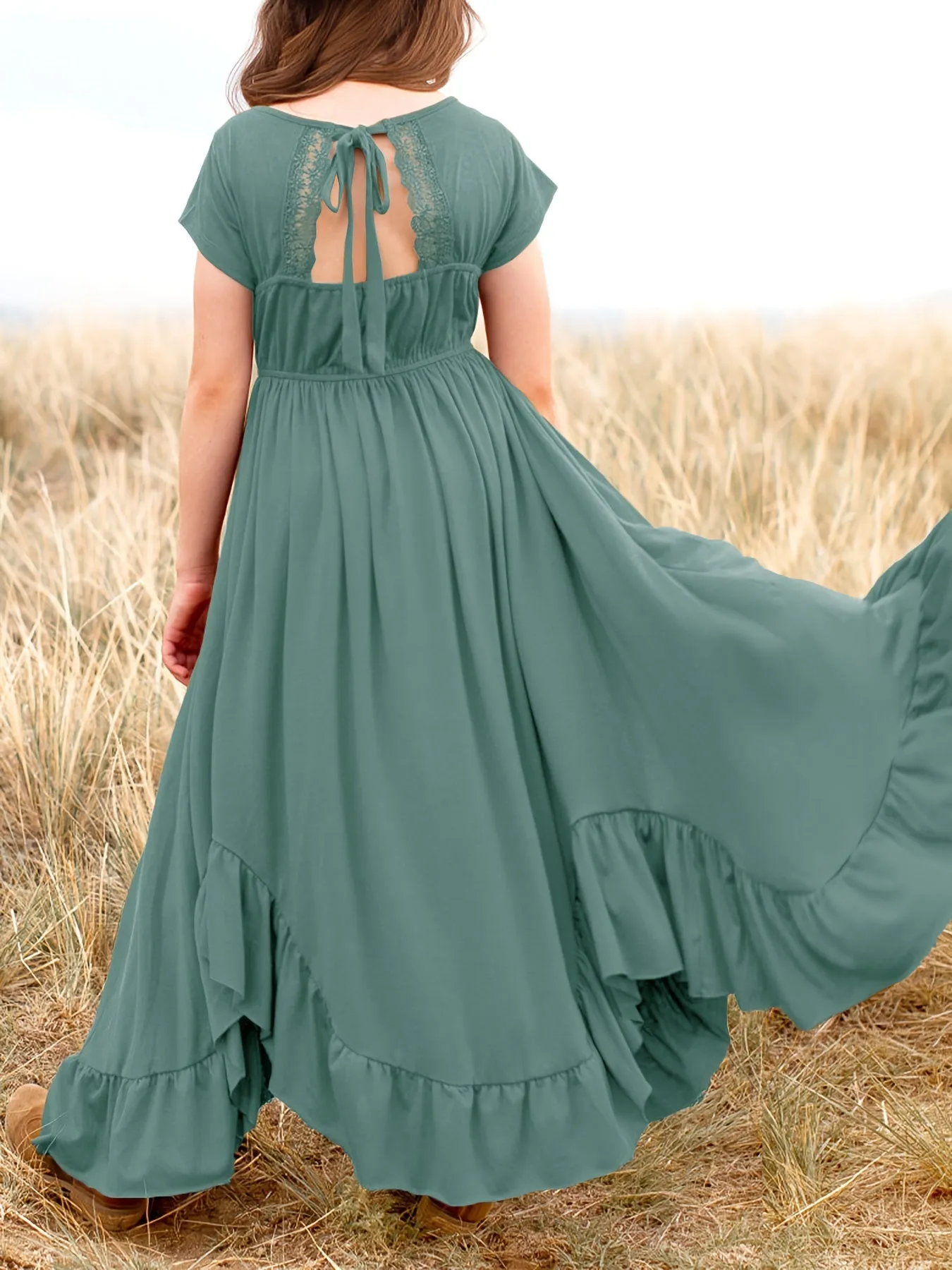 Girls Long Length Boho Asymmetrical Floral Lace Backless Maxi Dress with Pockets - Crew Neck, Short Sleeve, Skinny Fit, Medium Stretch Polyester Fabric - Perfect for Spring, Summer, and Fall Holidays