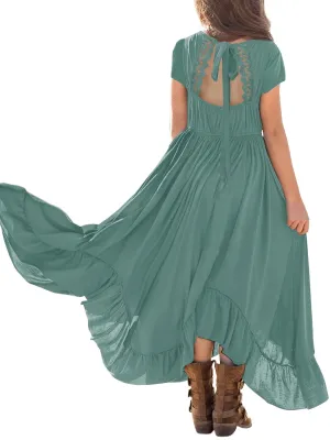 Girls Long Length Boho Asymmetrical Floral Lace Backless Maxi Dress with Pockets - Crew Neck, Short Sleeve, Skinny Fit, Medium Stretch Polyester Fabric - Perfect for Spring, Summer, and Fall Holidays