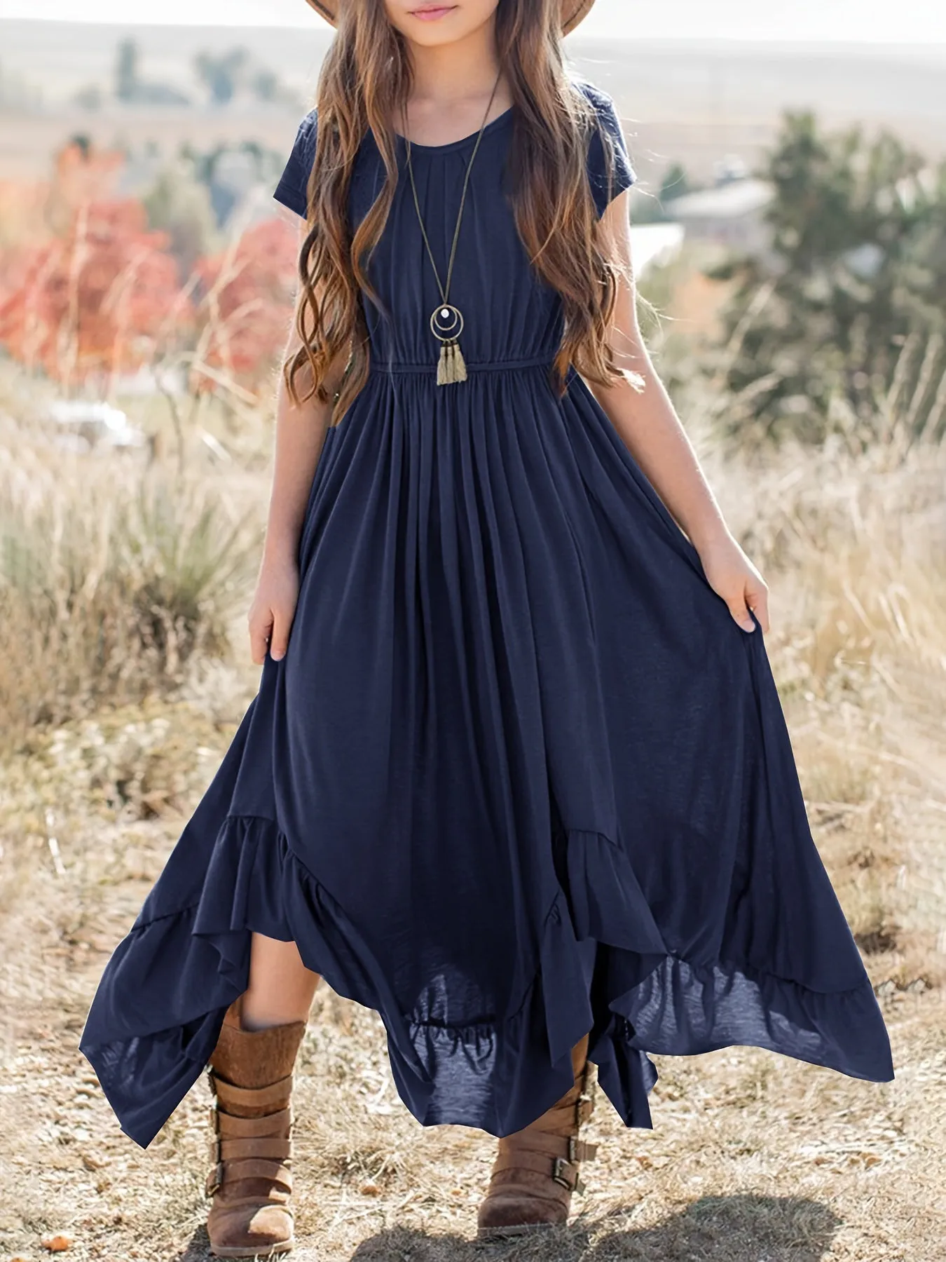 Girls Long Length Boho Asymmetrical Floral Lace Backless Maxi Dress with Pockets - Crew Neck, Short Sleeve, Skinny Fit, Medium Stretch Polyester Fabric - Perfect for Spring, Summer, and Fall Holidays