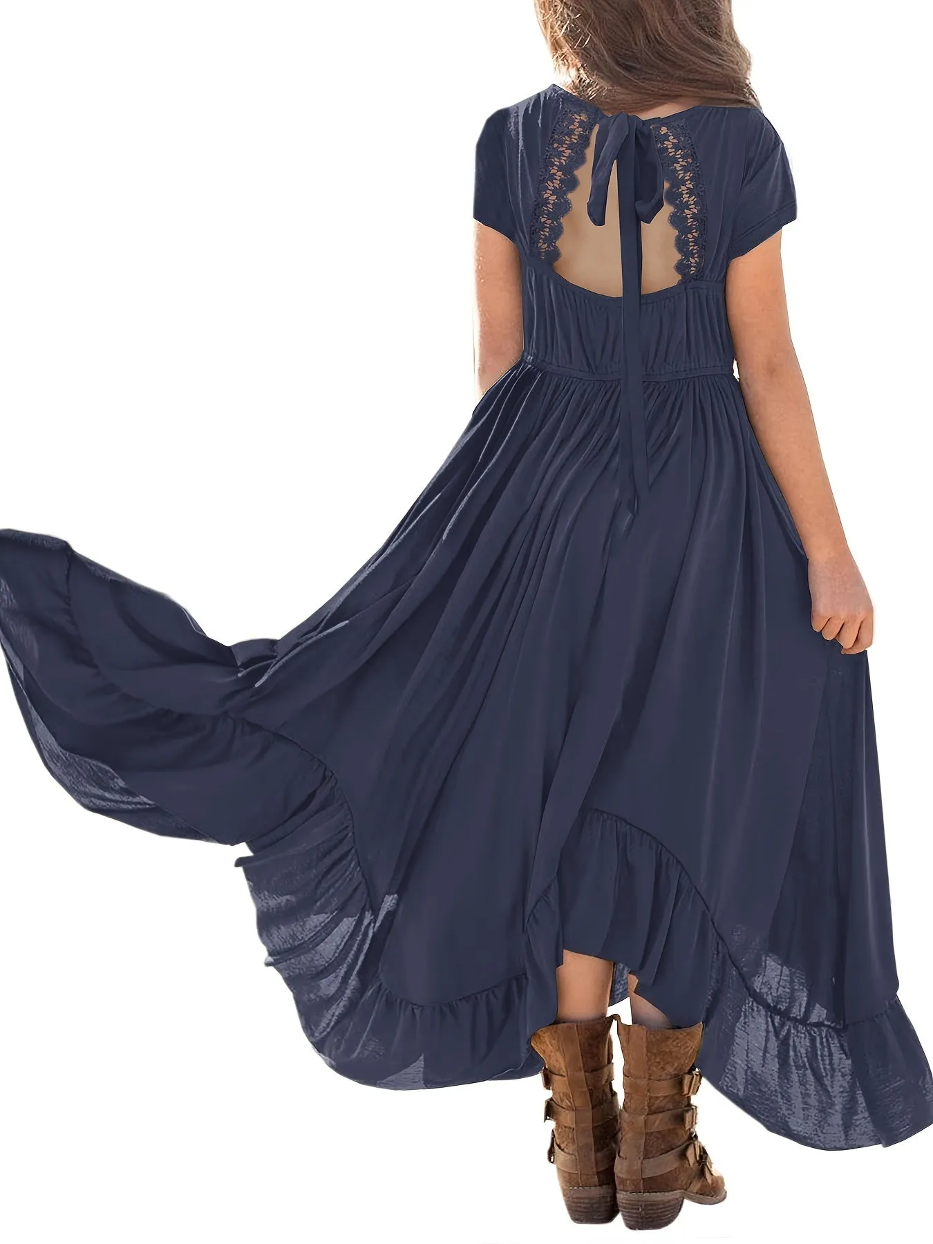 Girls Long Length Boho Asymmetrical Floral Lace Backless Maxi Dress with Pockets - Crew Neck, Short Sleeve, Skinny Fit, Medium Stretch Polyester Fabric - Perfect for Spring, Summer, and Fall Holidays