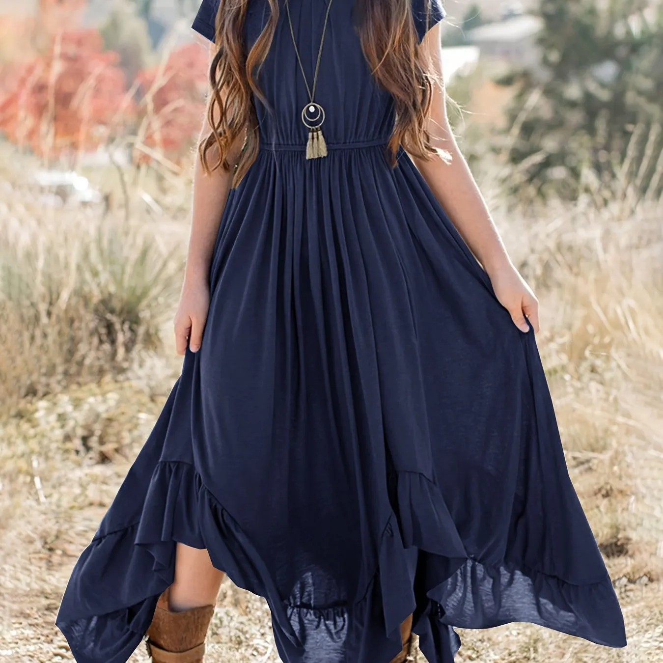 Girls Long Length Boho Asymmetrical Floral Lace Backless Maxi Dress with Pockets - Crew Neck, Short Sleeve, Skinny Fit, Medium Stretch Polyester Fabric - Perfect for Spring, Summer, and Fall Holidays