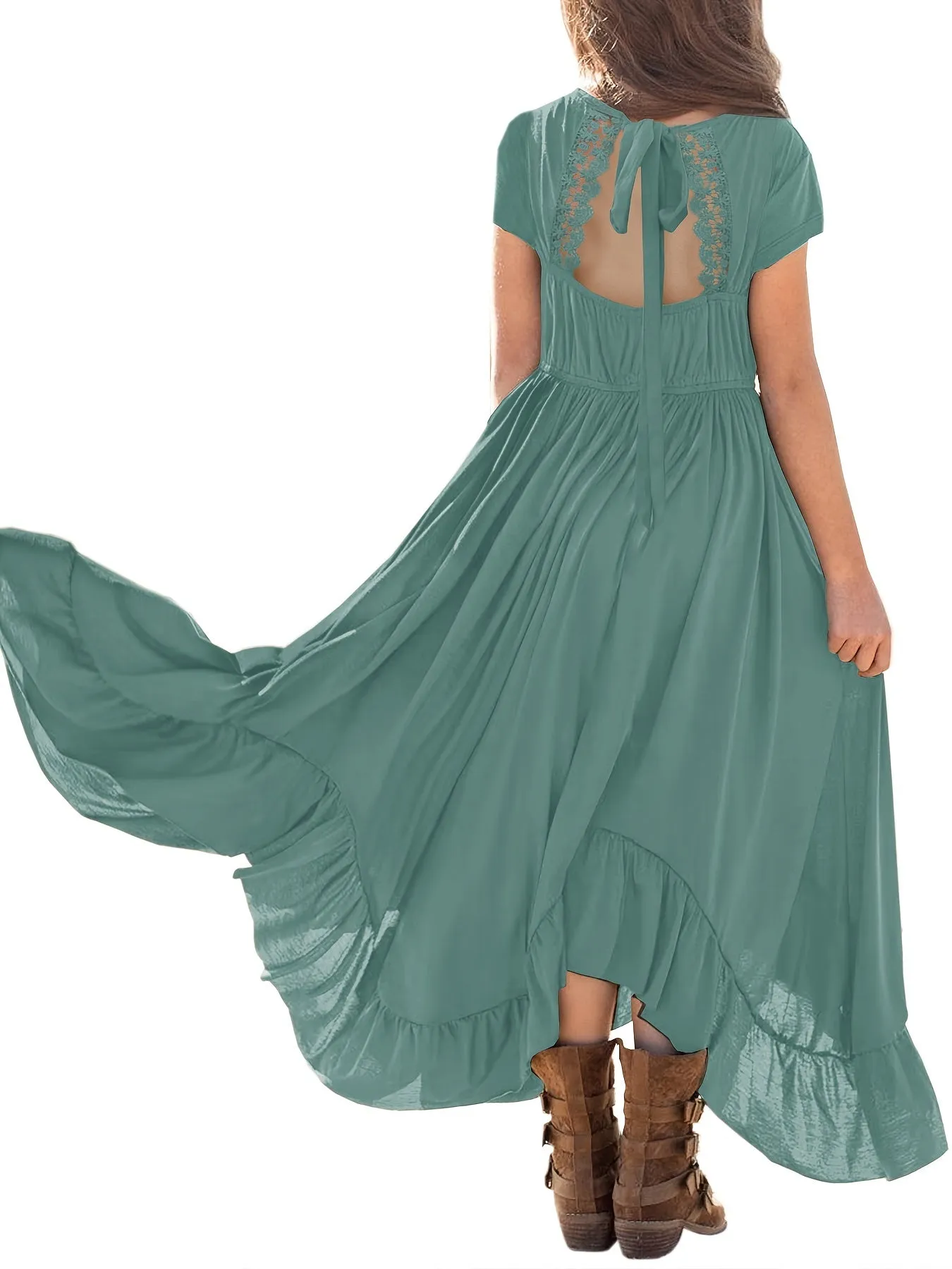 Girls Long Length Boho Asymmetrical Floral Lace Backless Maxi Dress with Pockets - Crew Neck, Short Sleeve, Skinny Fit, Medium Stretch Polyester Fabric - Perfect for Spring, Summer, and Fall Holidays