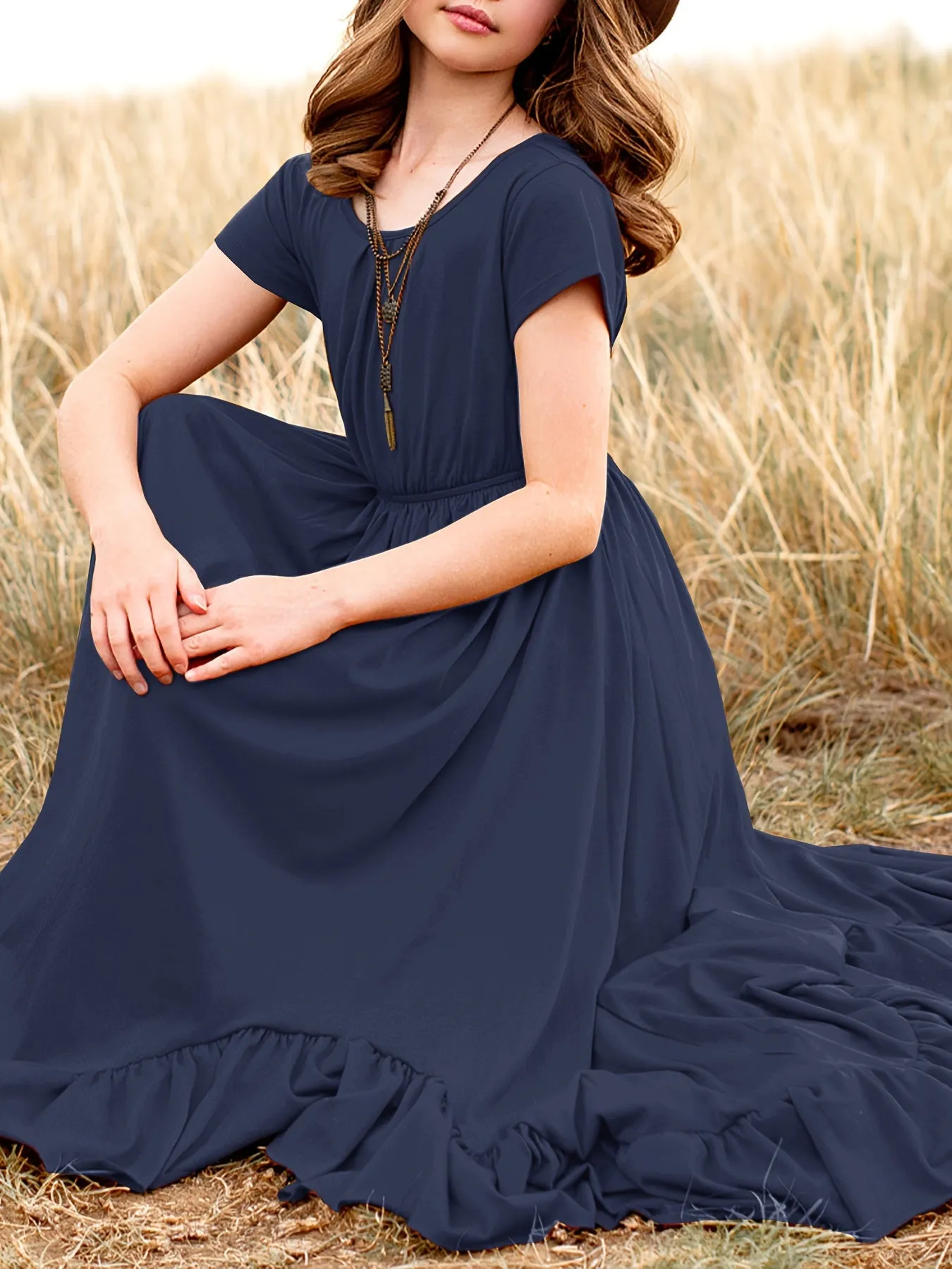 Girls Long Length Boho Asymmetrical Floral Lace Backless Maxi Dress with Pockets - Crew Neck, Short Sleeve, Skinny Fit, Medium Stretch Polyester Fabric - Perfect for Spring, Summer, and Fall Holidays