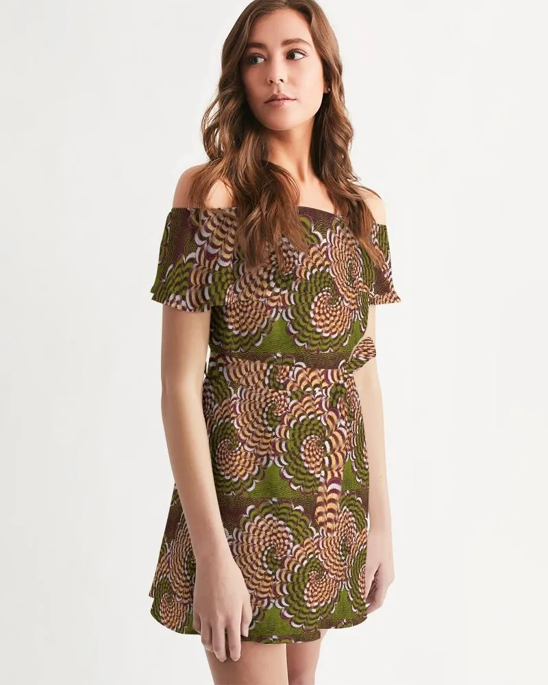 Green Brown Flower African print Women's Off-Shoulder Dress
