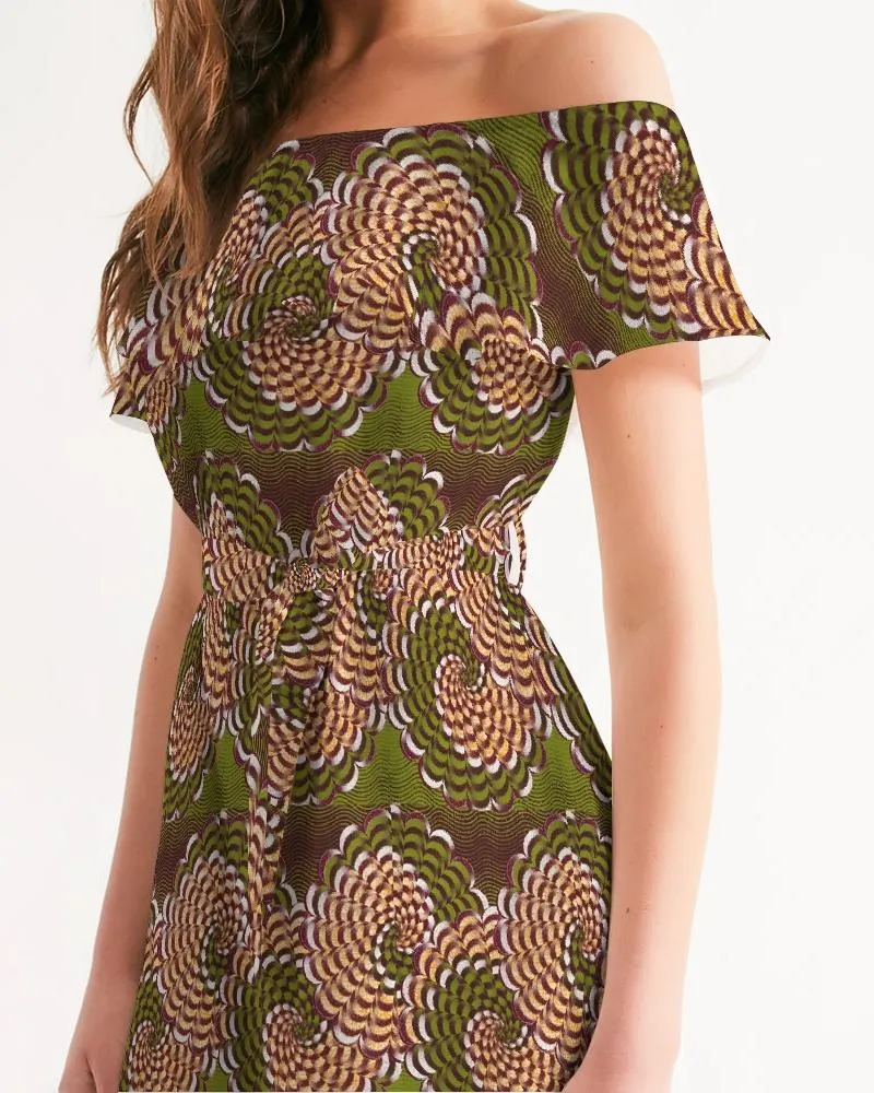 Green Brown Flower African print Women's Off-Shoulder Dress