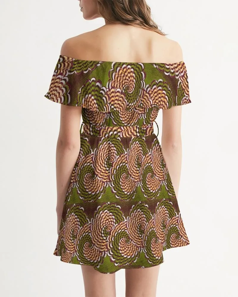 Green Brown Flower African print Women's Off-Shoulder Dress