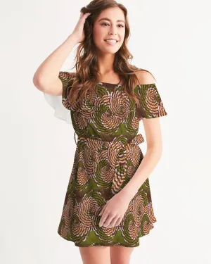 Green Brown Flower African print Women's Off-Shoulder Dress