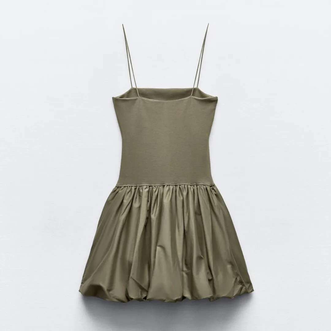 Green Contrast Ribbed Puff Skirt Dress