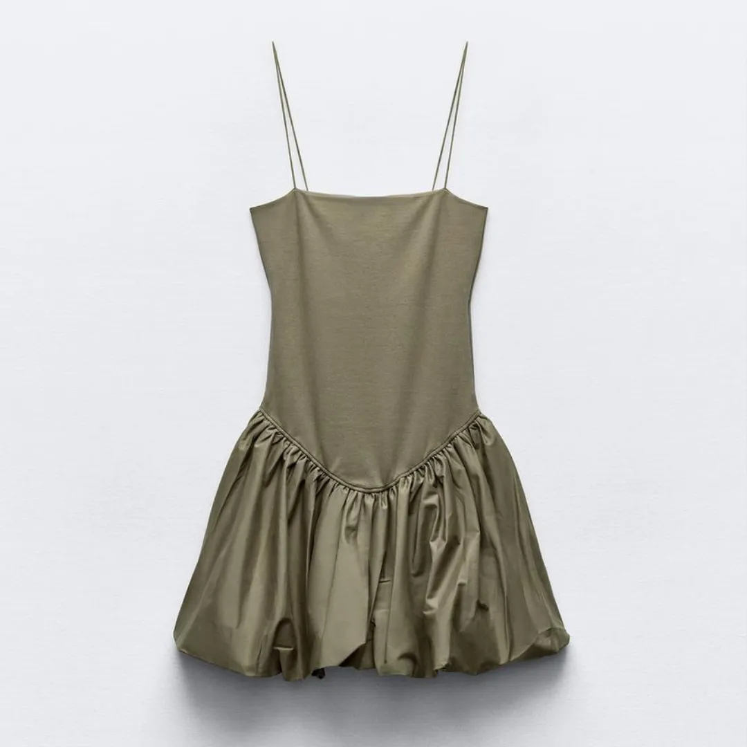 Green Contrast Ribbed Puff Skirt Dress