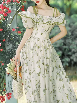 Green Floral Print Off Shoulder Romantic Vintage Dress Inspired By Gone with the Wind