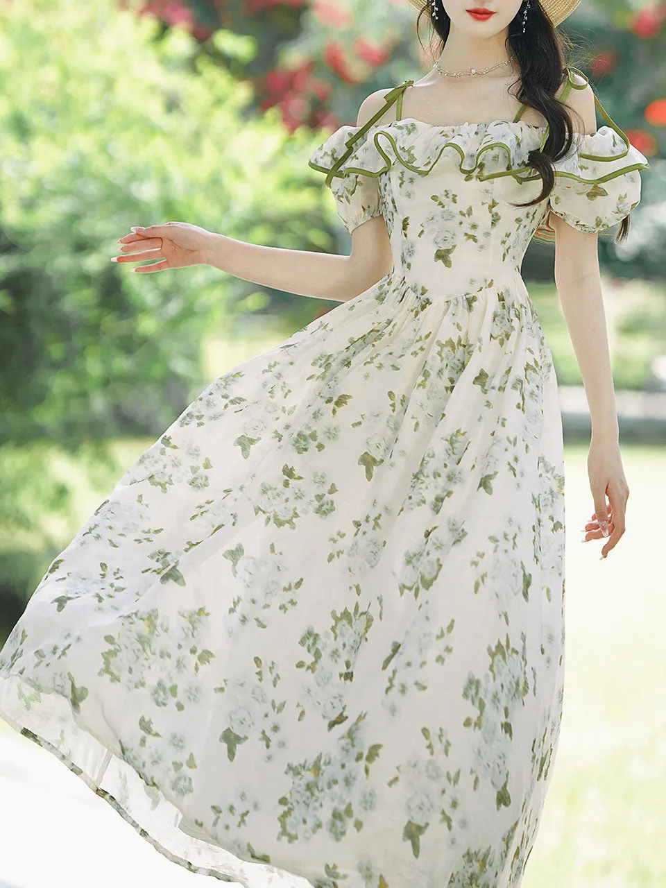 Green Floral Print Off Shoulder Romantic Vintage Dress Inspired By Gone with the Wind