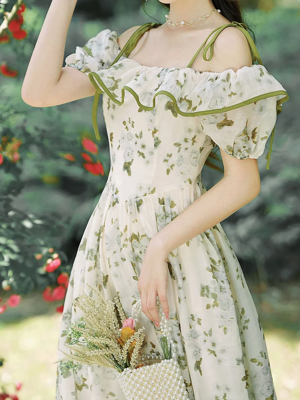 Green Floral Print Off Shoulder Romantic Vintage Dress Inspired By Gone with the Wind