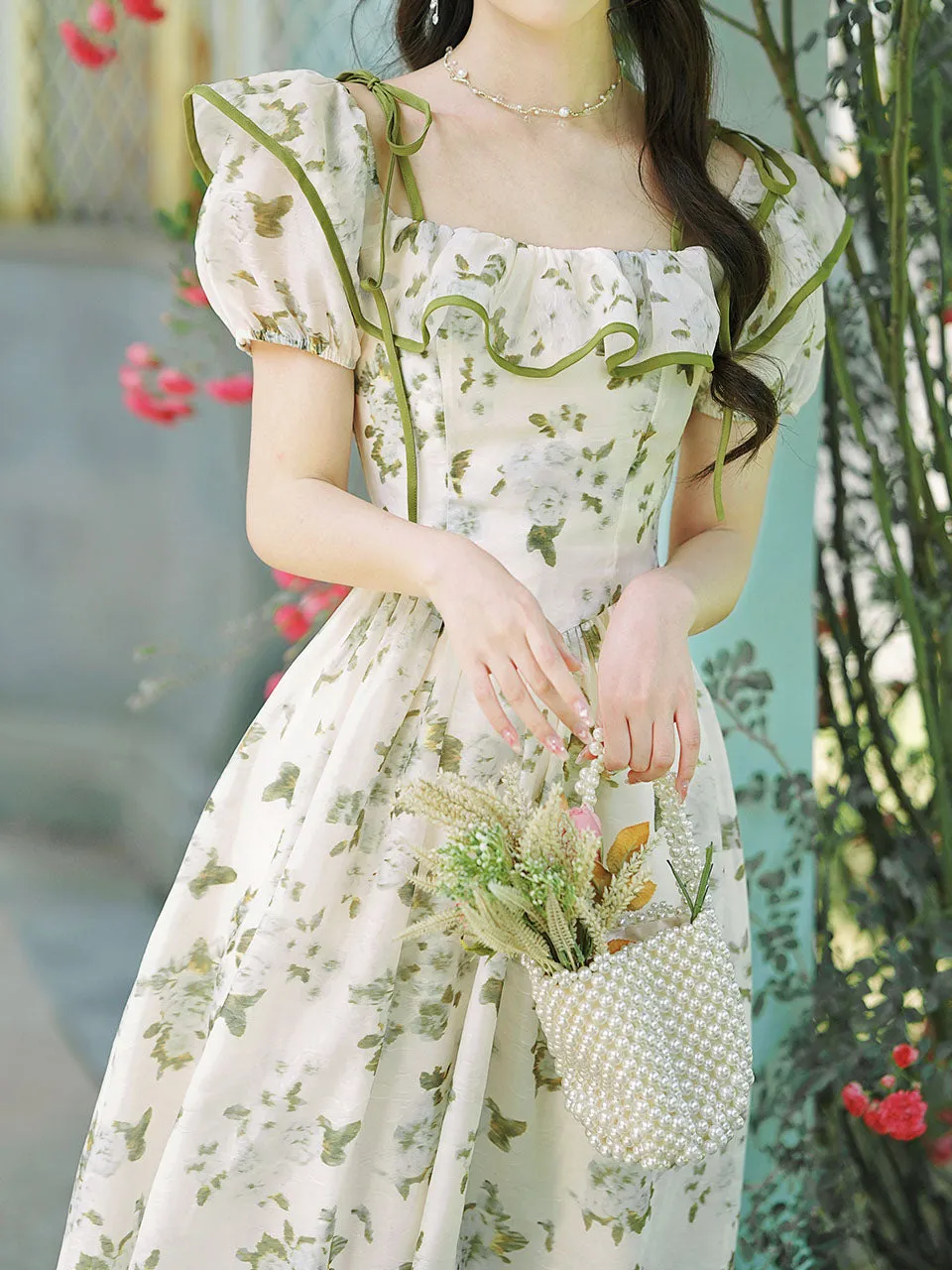 Green Floral Print Off Shoulder Romantic Vintage Dress Inspired By Gone with the Wind