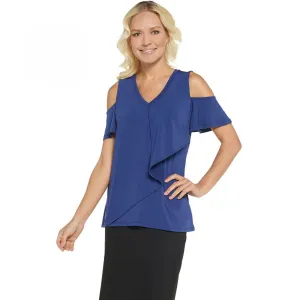 H by Halston Women's Jet Set Jersey V Neck Cold Shoulder Top Blue Large