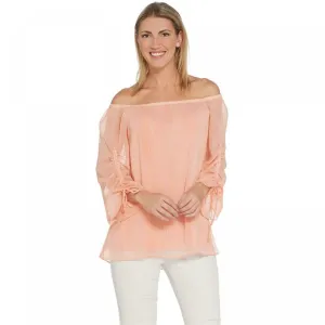 H by Halston Women's Plus Size Printed Chiffon Off-the-Shoulder Woven Blouse