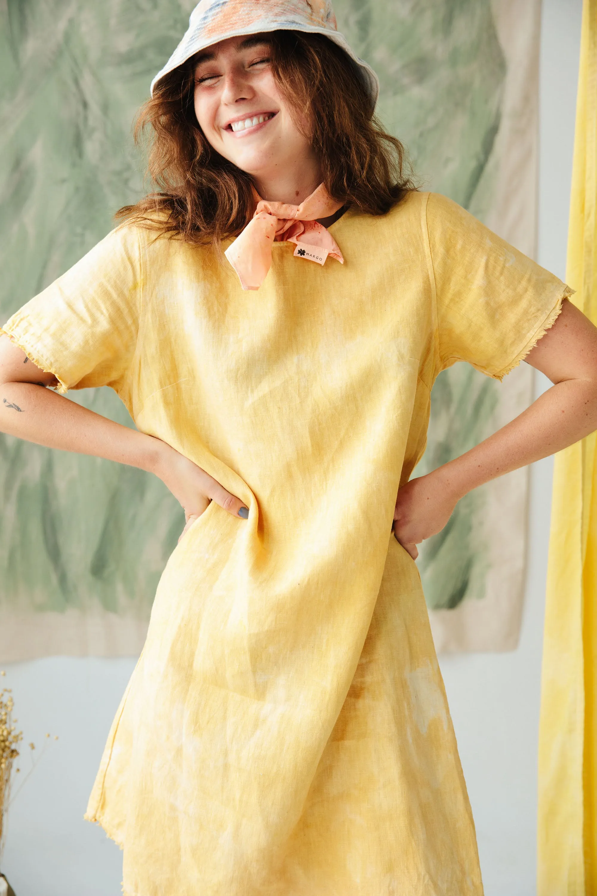 Hand Dyed Linen T-shirt Dress - Onion Yellow