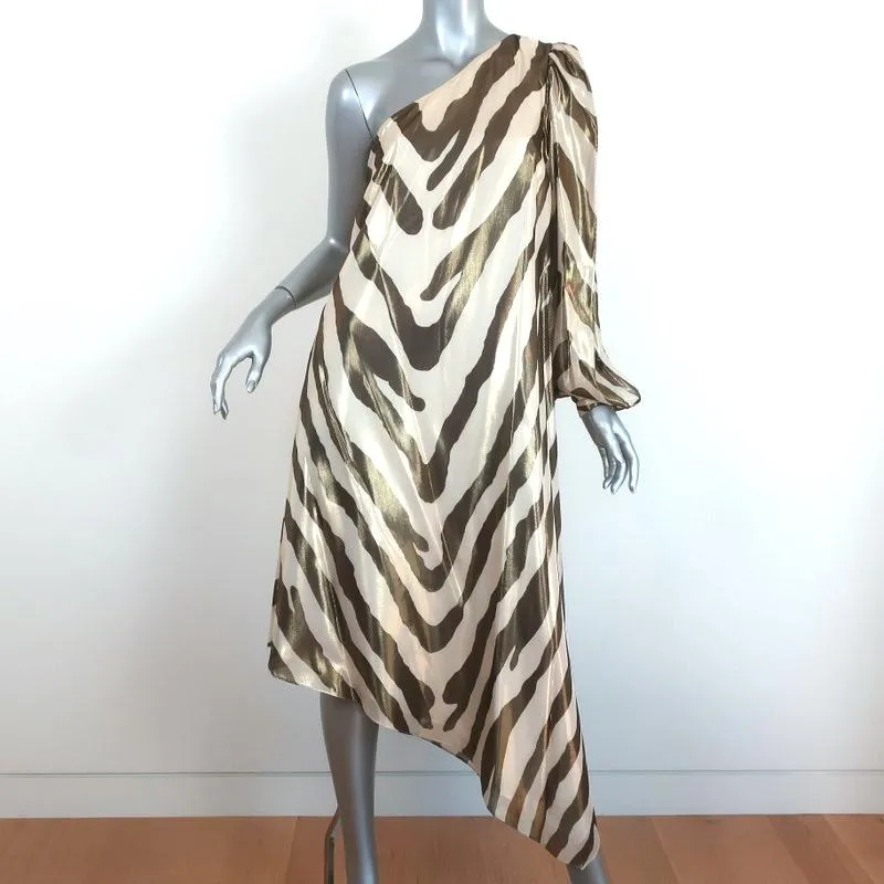 Haney One-Shoulder Midi Dress Malibu Metallic Zebra Print Size Small NEW