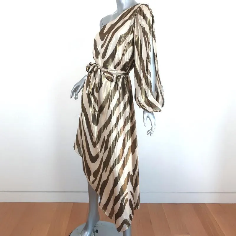 Haney One-Shoulder Midi Dress Malibu Metallic Zebra Print Size Small NEW