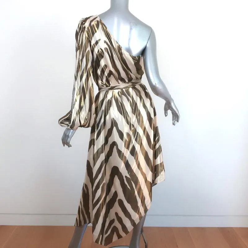 Haney One-Shoulder Midi Dress Malibu Metallic Zebra Print Size Small NEW