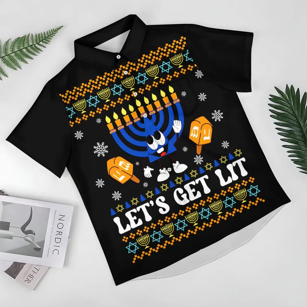 Happy Hanukkah Menorah Print Short Sleeve Shirt 2411011909
